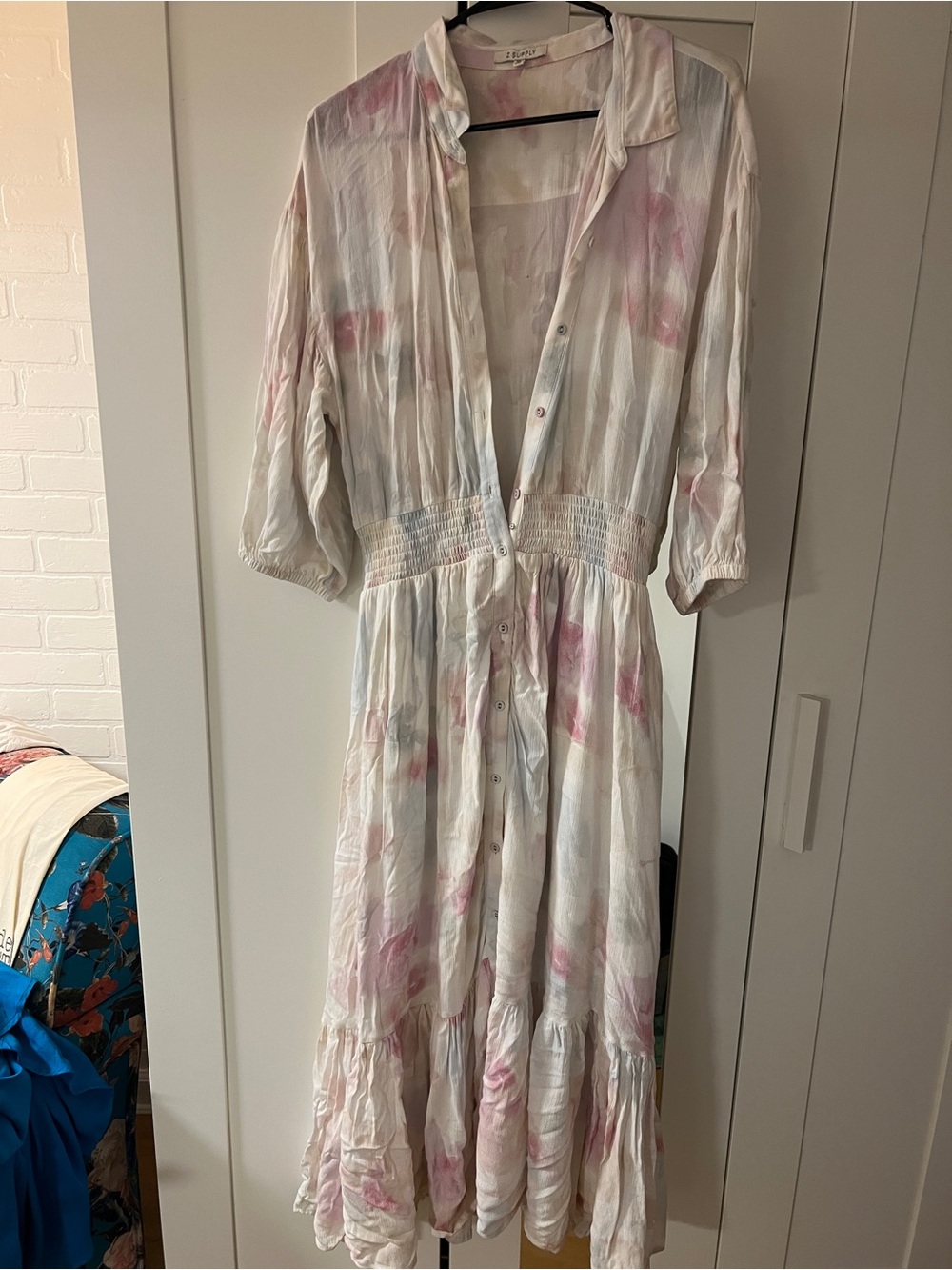 Z Supply White Maxi Dress with Pink & Pale Blue Watercolor Print